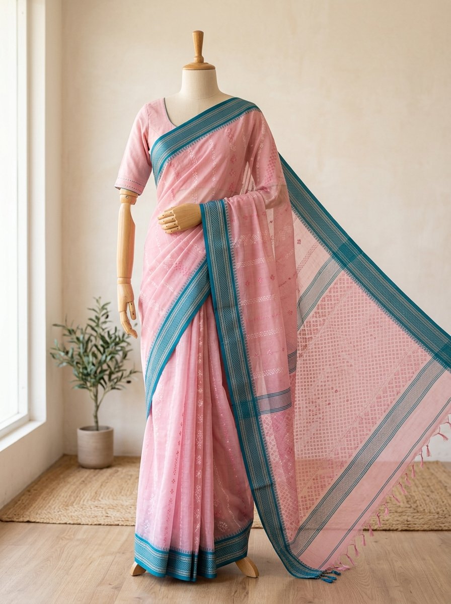 Pink Tangail Cotton Saree (পিংক টাঙ্গাইল কটন শাড়ি) - Handcrafted tangail Saree by বহ - BOHO by Nazneen