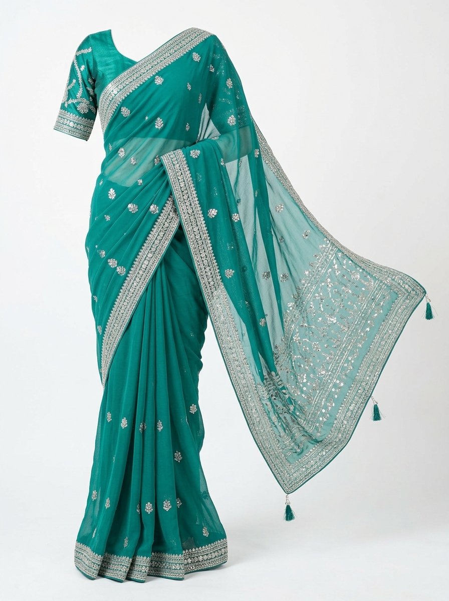 Teal Georgette Sequin Saree (টিল জর্জেট সিকুইন শাড়ি) - Handcrafted georgette Saree by বহ - BOHO by Nazneen