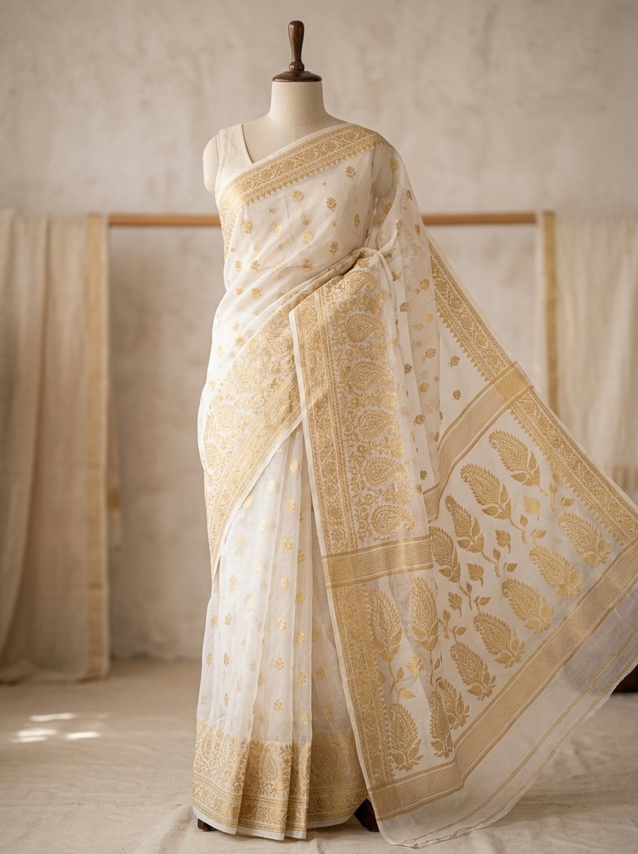 White Dhakai Jamdani Saree (সাদা ঢাকাই জামদানি শাড়ি) - Handcrafted jamdani Saree by বহ - BOHO by Nazneen