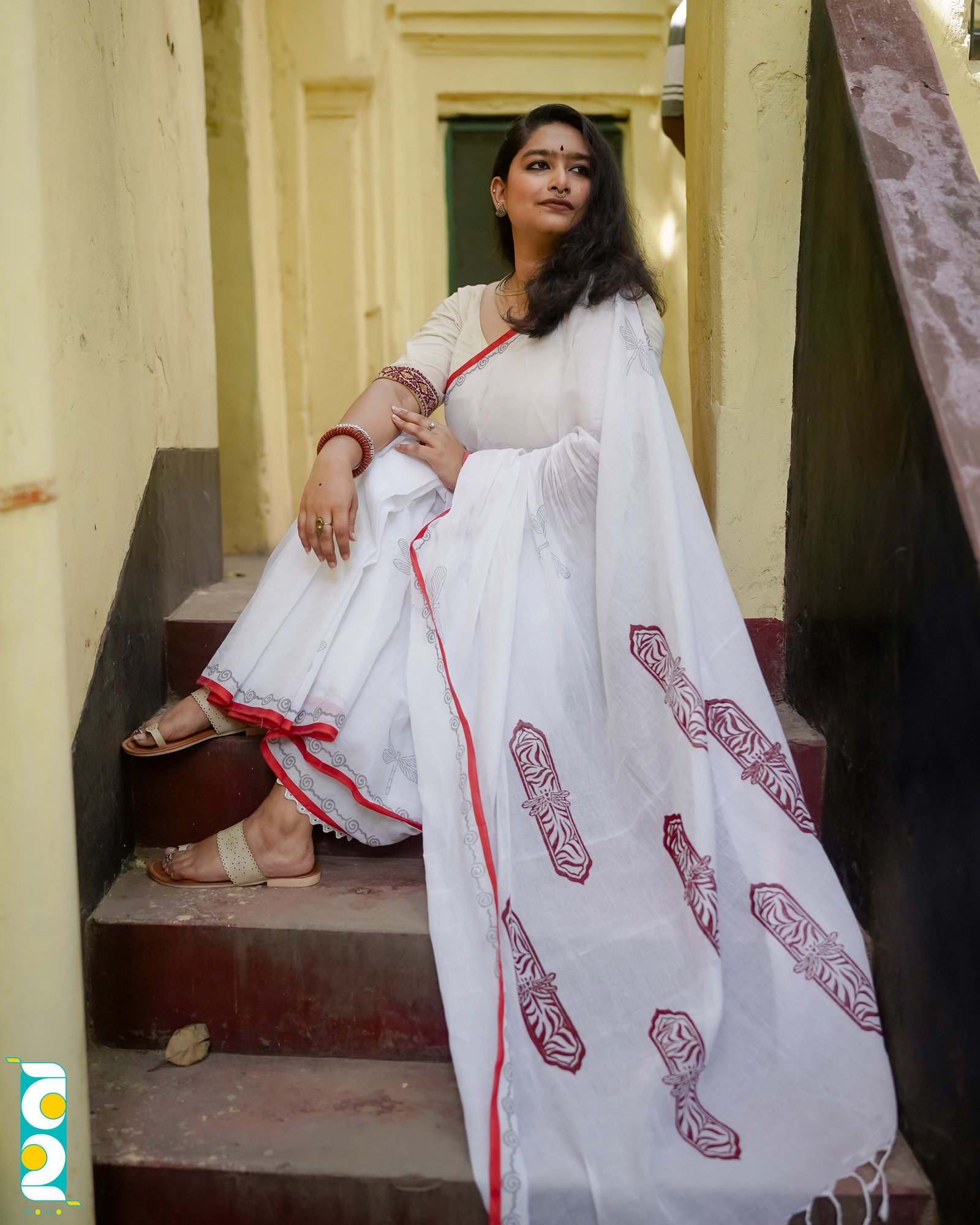 উমা (হ্যান্ড ক্রাফটেড উড ব্লক প্রিন্ট) - Handcrafted হ্যান্ডলুম কটন Saree by বহ - BOHO by Nazneen