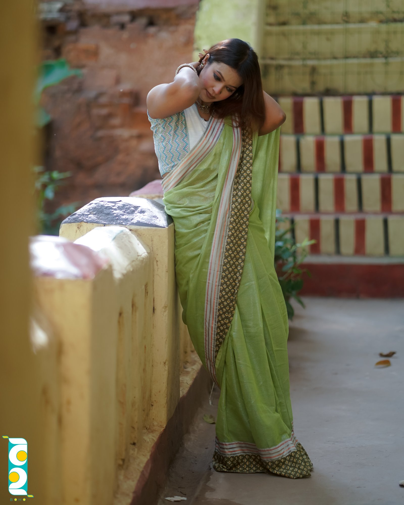 জরি (প্যাচওয়ার্ক বর্ডার ডিজাইন with ajrakh printed cotton fabric) - Handcrafted হ্যান্ডলুম জরি কটন শাড়ি Saree by বহ - BOHO by Nazneen