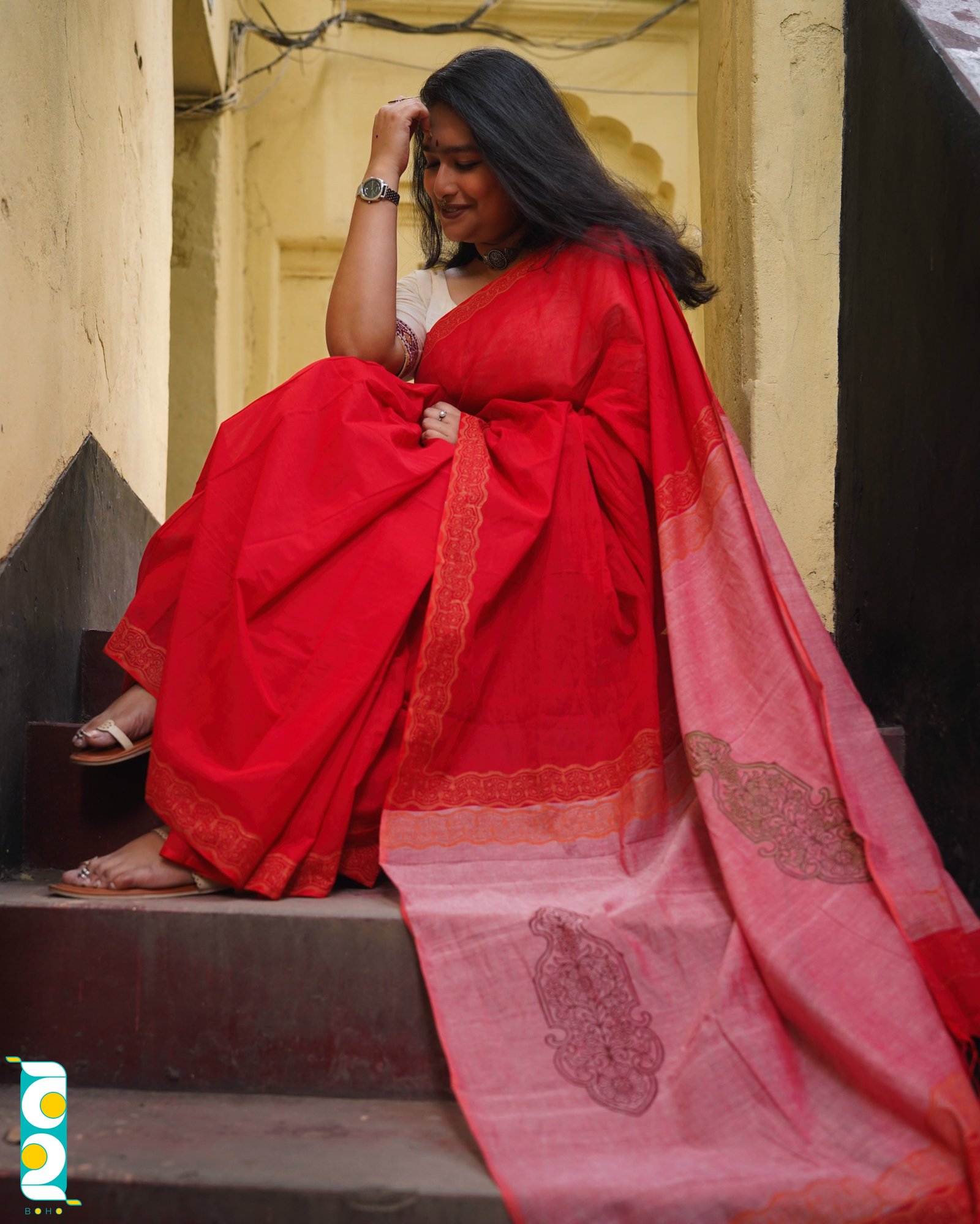 সিঁদুর (হ্যান্ড ক্রাফটেড উড ব্লক প্রিন্ট) - Handcrafted হ্যান্ডলুম কটন ও এন্ডি আচল Saree by বহ - BOHO by Nazneen