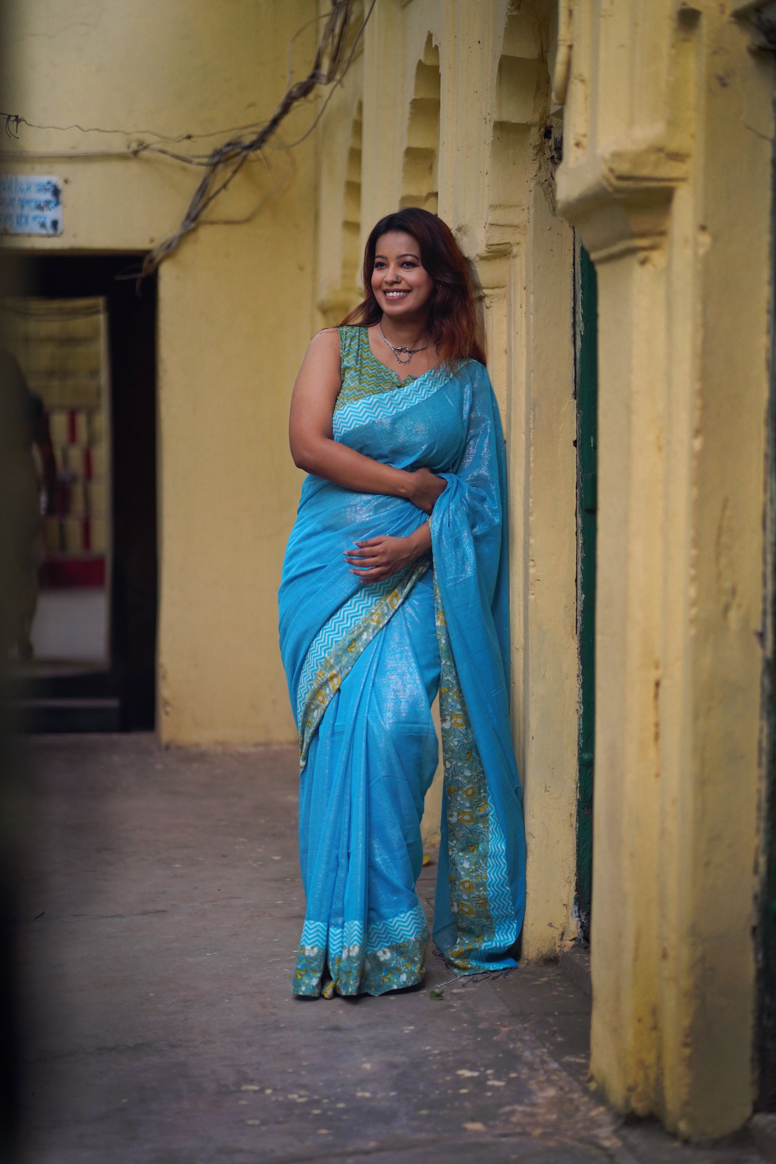 জরি (প্যাচওয়ার্ক বর্ডার ডিজাইন with ajrakh printed cotton fabric) - Handcrafted হ্যান্ডলুম জরি কটন শাড়ি Saree by বহ - BOHO by Nazneen